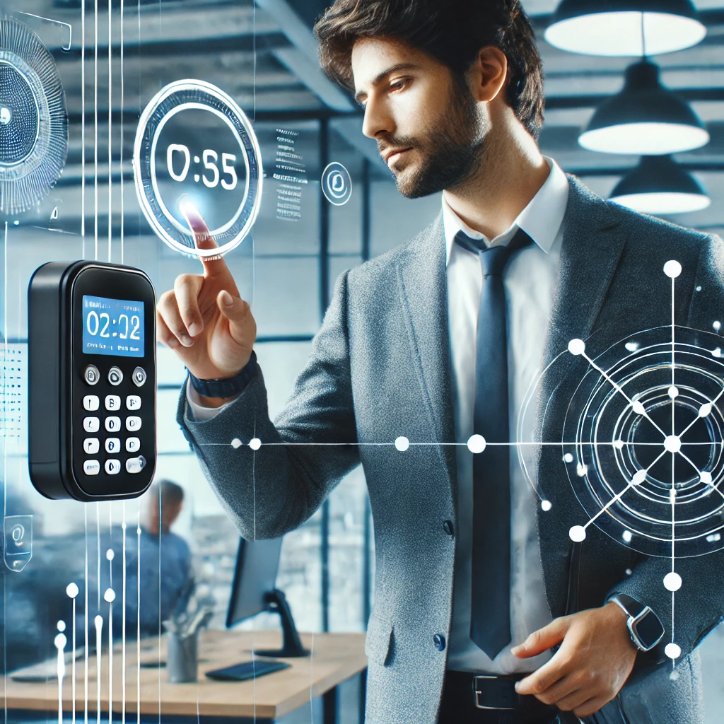 DALL·E 2025-01-12 18.57.16 - Un trabajador marcando su fichaje en una oficina moderna. El trabajador está interactuando con un dispositivo digital, como un reloj biométrico o un t
